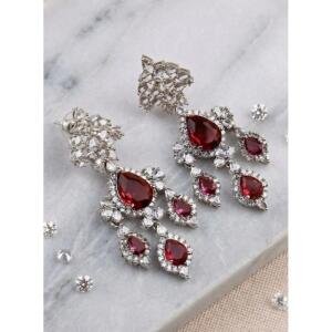 Women's Brass Silver Plated Drop Earrings (Red)