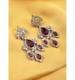Women's Brass Silver Plated Drop Earrings (Red)