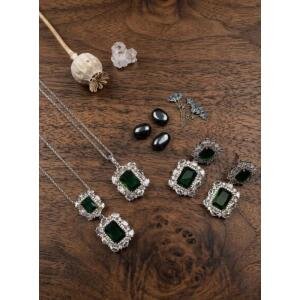 Women's Brass Silver Plated Pendant Set (Green)