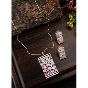 Women's Brass Silver Plated Pendant Set (Pink)