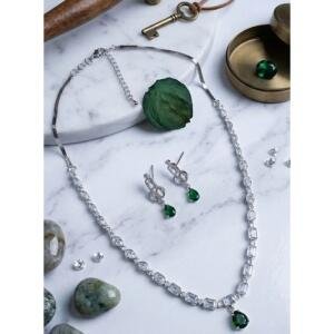 Women's Brass Silver Plated Necklace set (Green)