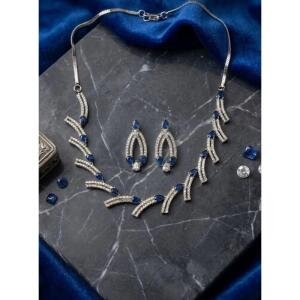 Women's Brass Silver Plated Necklace set (Blue)
