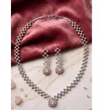 Women's Brass Silver Plated Necklace set (Pink)