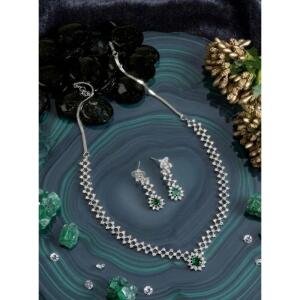 Women's Brass Silver Plated Necklace set (Green)