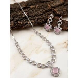 Women's Brass Silver Plated Necklace set (Pink)