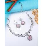 Women's Brass Silver Plated Necklace set (Pink)
