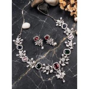 Women's Brass Silver Plated Necklace set (Multicolor)