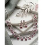 Women's Brass Silver Plated Necklace set (Pink)