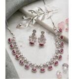 Women's Brass Silver Plated Necklace set (Pink)