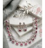 Women's Brass Silver Plated Necklace set (Pink)