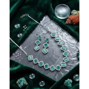 Women's Brass Silver Plated Necklace set (Turquoise)