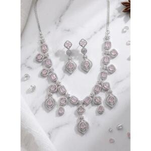 Women's Brass Silver Plated Necklace set (Pink)