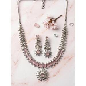 Women's Brass Silver Plated Necklace set (Pink)