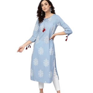 Women's Casual 3/4 th Sleeve Embroidery Cambric Cotton Kurti (Blue)