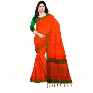 MOON Kanjivaram Silk Blend Saree  (Multicolor, Orange, Green )