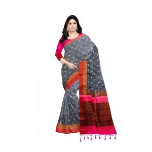 MOON Jamdani Pure Cotton Saree  (Pink, Black)