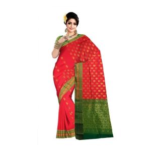 Women Red & Green Woven Design Zari Silk Cotton Banarasi Saree