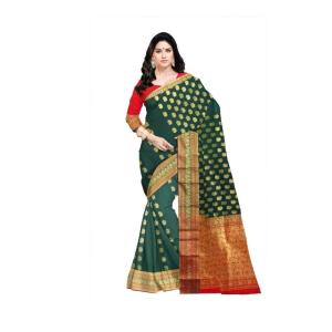 Woven Kanjivaram Cotton Silk Saree  (Green gold )