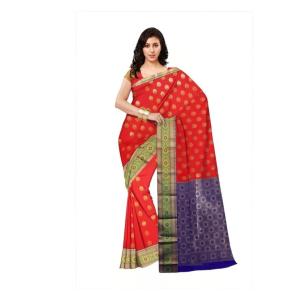 Woven Kanjivaram Cotton Silk Saree  (Red & Pink )