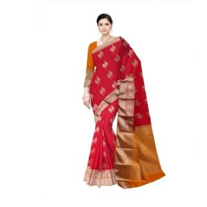 Woven Kanjivaram Cotton Silk Saree  (Red & Myrun)