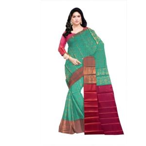 Woven  Soft  Cotton Saree New (Green Dark  & Pink )