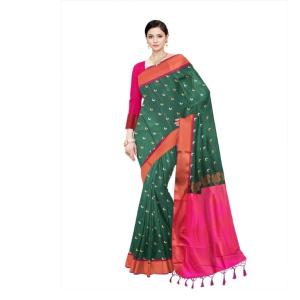 Woven  Soft  Cotton Saree New (Green & Pink )